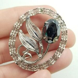 Vintage Sorrento Sterling Silver and Hematite Flower Brooch, Oval Shape, Estate